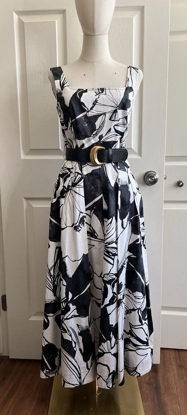DONNA KARAN New York 2025 Blk Floral Abstract Belted Sleeveless Midi Dress Sz 2